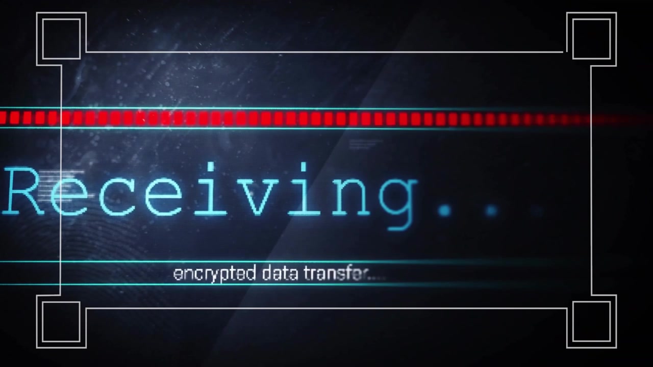Encrypted data transfer animation with red progress bar on dark background