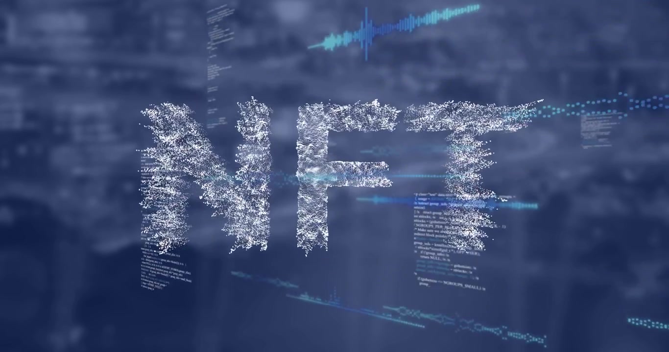 Animation af databehandling og NFT-tekst over sløret baggrund
