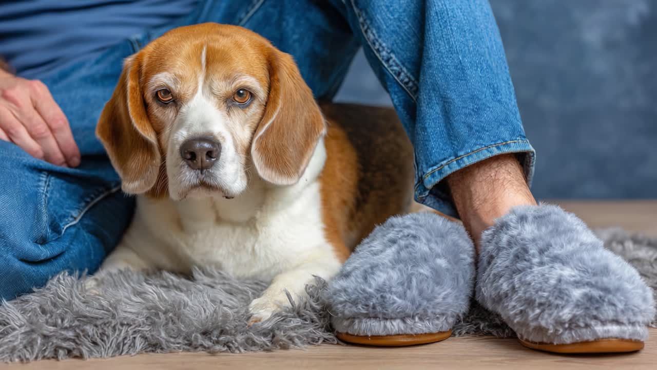 A Cozy Moment Featuring a Beagle Dog Relaxing Beside Its Owner, Both Enjoying Comfort on a Soft Rug and Footwear in a Warm Indoor Setting