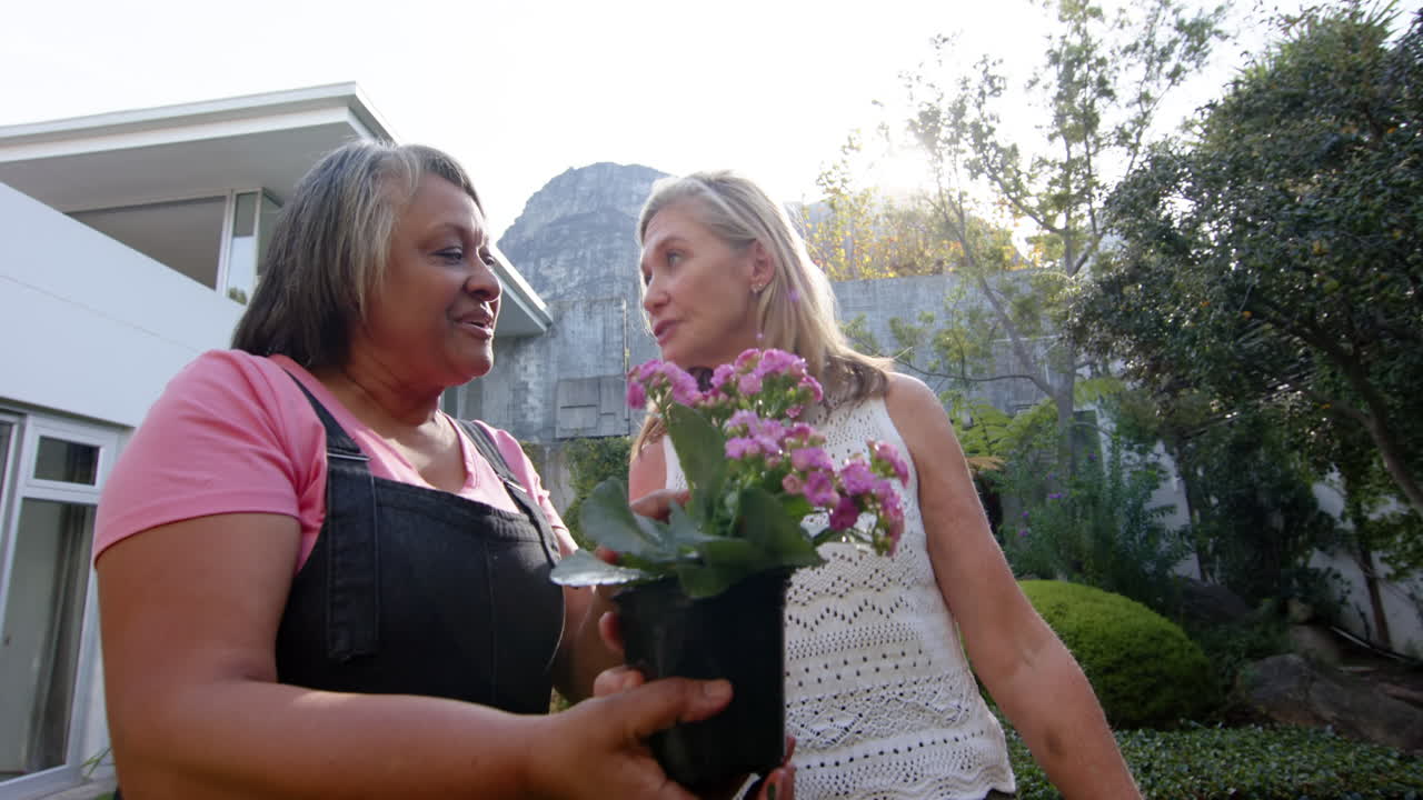 Women holding potted plant, enjoying conversation in garden during senior hangout