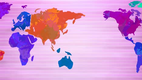 animation of multi coloured world map moving over pink striped background