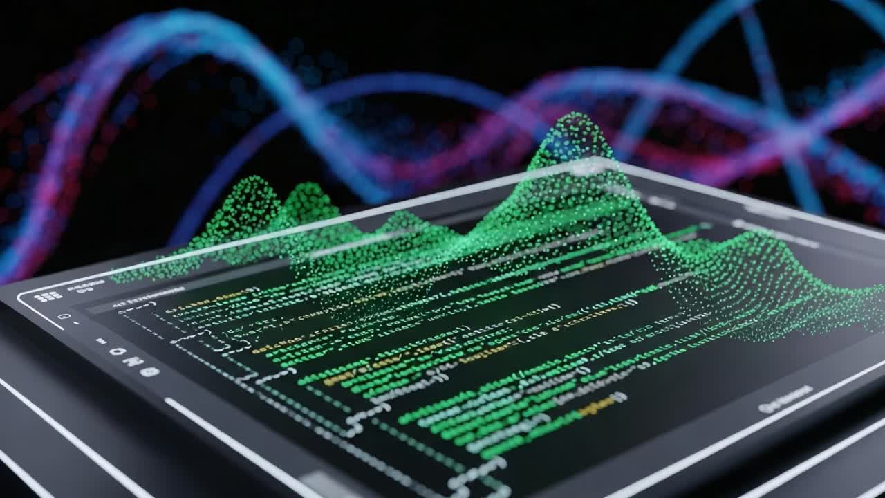Futuristic Tablet Displaying Code and Data Visualizations with Colorful Waveforms Emanating from the Screen, Representing Advanced Technology and Analysis