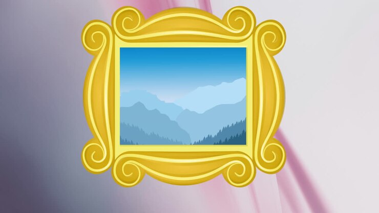 Animation of illustration of landscape in gold picture frame over pink lines on pale background