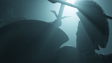 statues of ancient greek warriors in fight positions, charging in battle, inside a dark space, with volumetric light behind them and dust particles, 3d animation camera closeup slowly