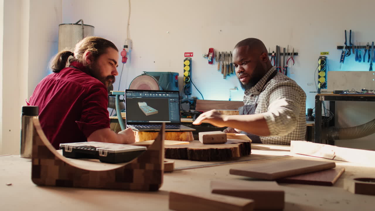 Happy cabinetmaker and colleague comparing wood piece with schematic
