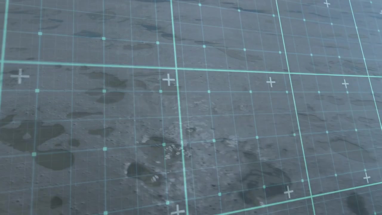 Shallow water surface making concentric ripples expanding after droplet impacts, teal grid shifting