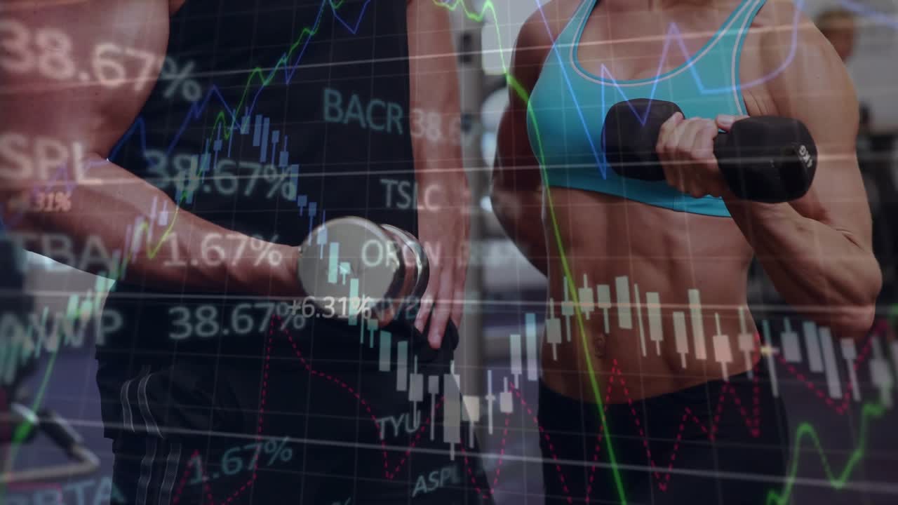 Uomo di mezza età che inizia un curl per i bicipiti, mostrando grafici del mercato azionario mentre il partner ne imita il movimento.