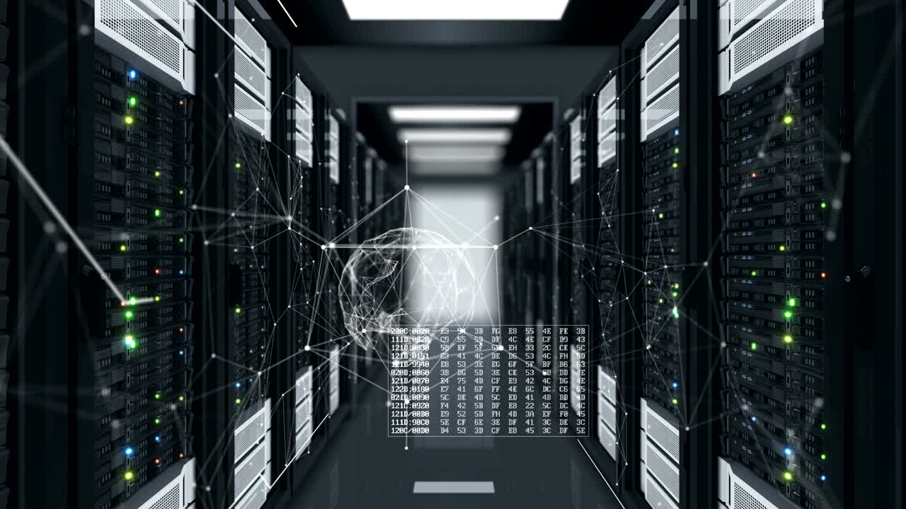 Beautiful Digital Hologram with Network Connections Growing in Abstract Data Center Server Racks Room with Digital Code and Grid Links. Looped 3d Animation. Technology Concept.