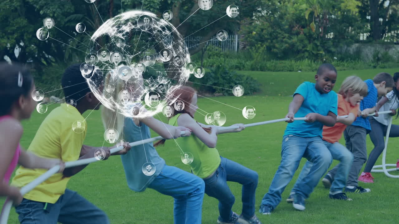 Animation of globe over male rugby players at stadium