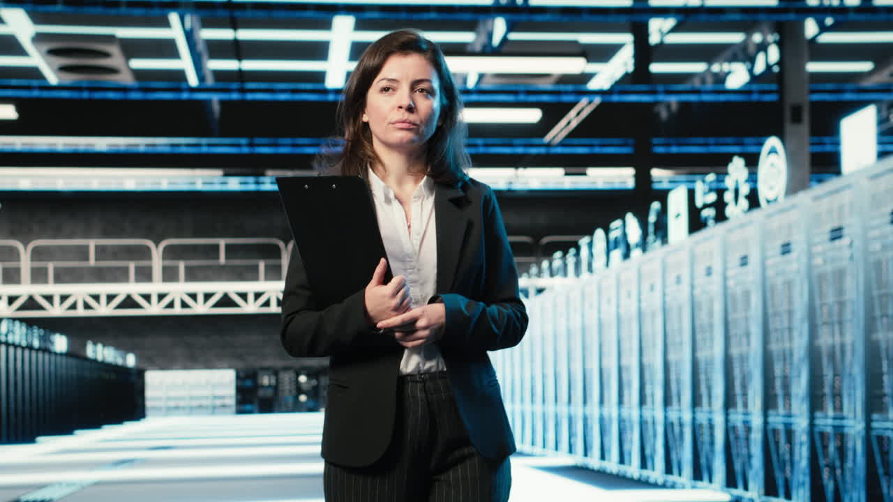 Un responsabile in un data center ispeziona l'hardware e i rack a struttura wireframe blu