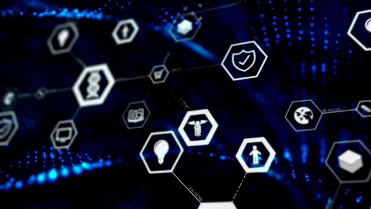 Abstract background icon on hexagon shape and particle moving on the dark for cyber futuristic concept with grain processed