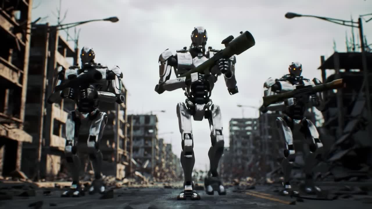 In a dystopian future, advanced robots march through a devastated urban landscape, armed and ready for action, exemplifying the clash between technology and humanity