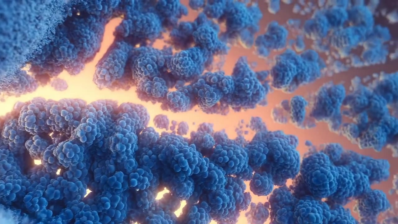 Vista macro ravvicinata di ammassi blu testurizzati che si separano in una calda luce arancione, con particelle fluttuanti, un bagliore soffuso e dettagli organici astratti