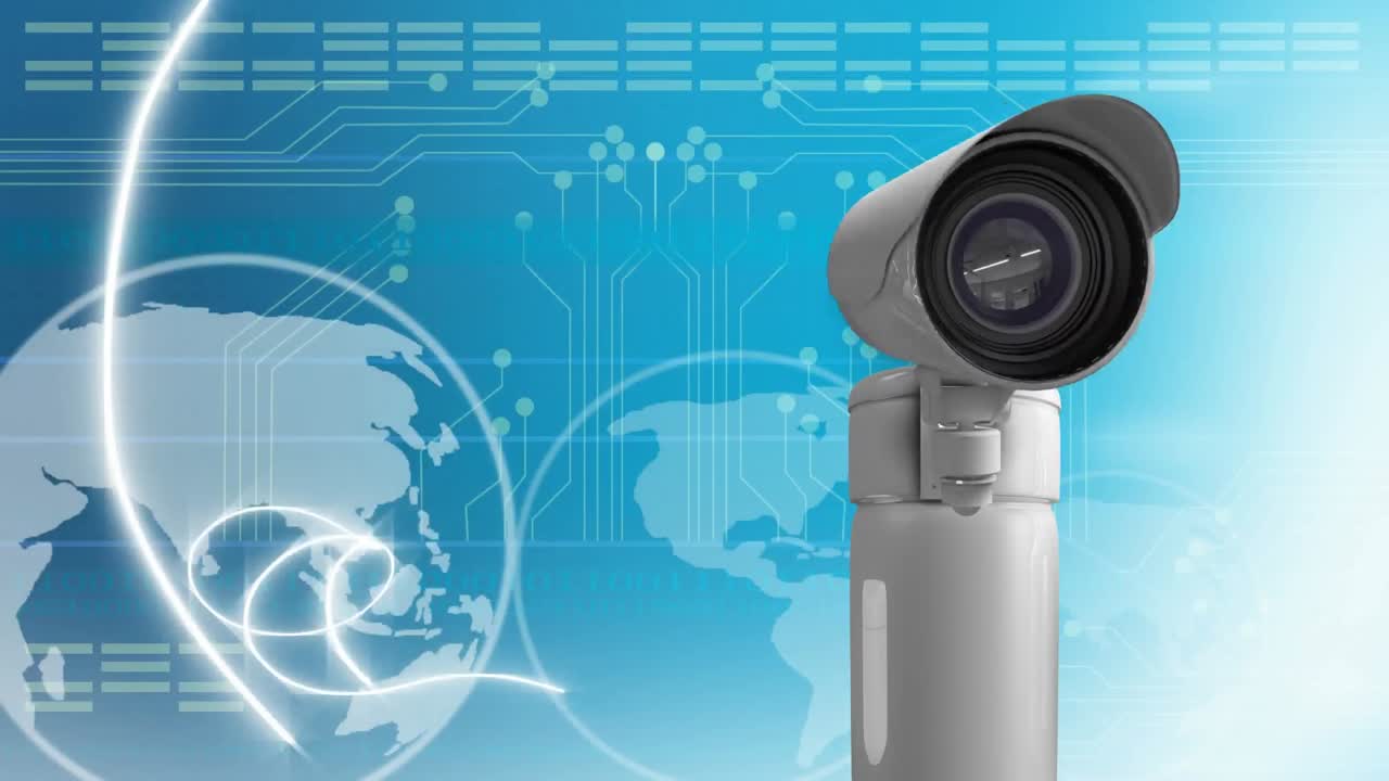 Security camera moving against globe and microprocessor connections on blue background