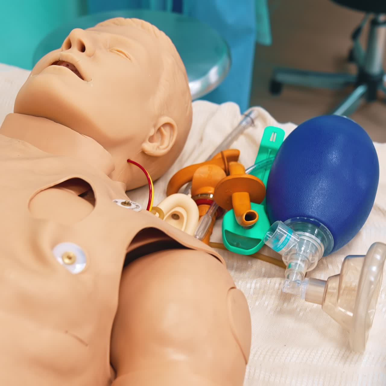 Model of a man in hospital bed. Plastic dummy with medical equipment to perform practice exercises in training room in the university. Close-up