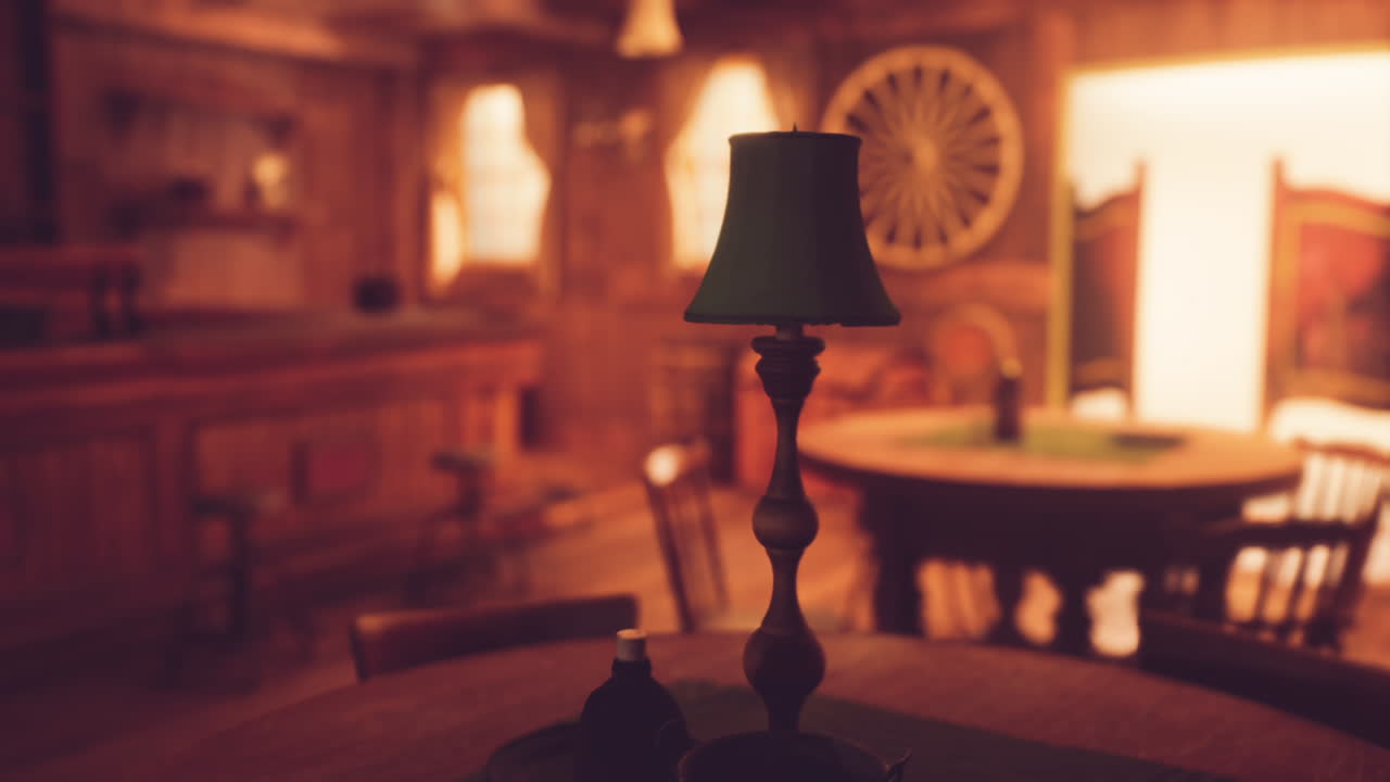 Cozy saloon interior with a rustic lamp on a table and warm wooden decor
