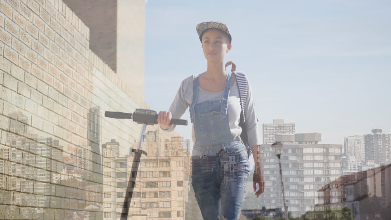 animación del paisaje urbano sobre mujer biracial caminando con scooter.