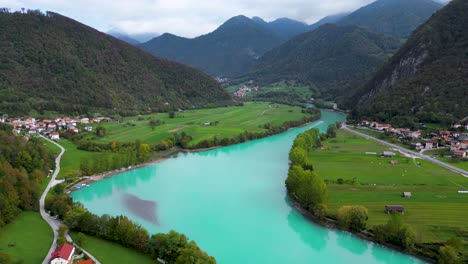 soca river valley in beautiful slovenia landscape - aerial