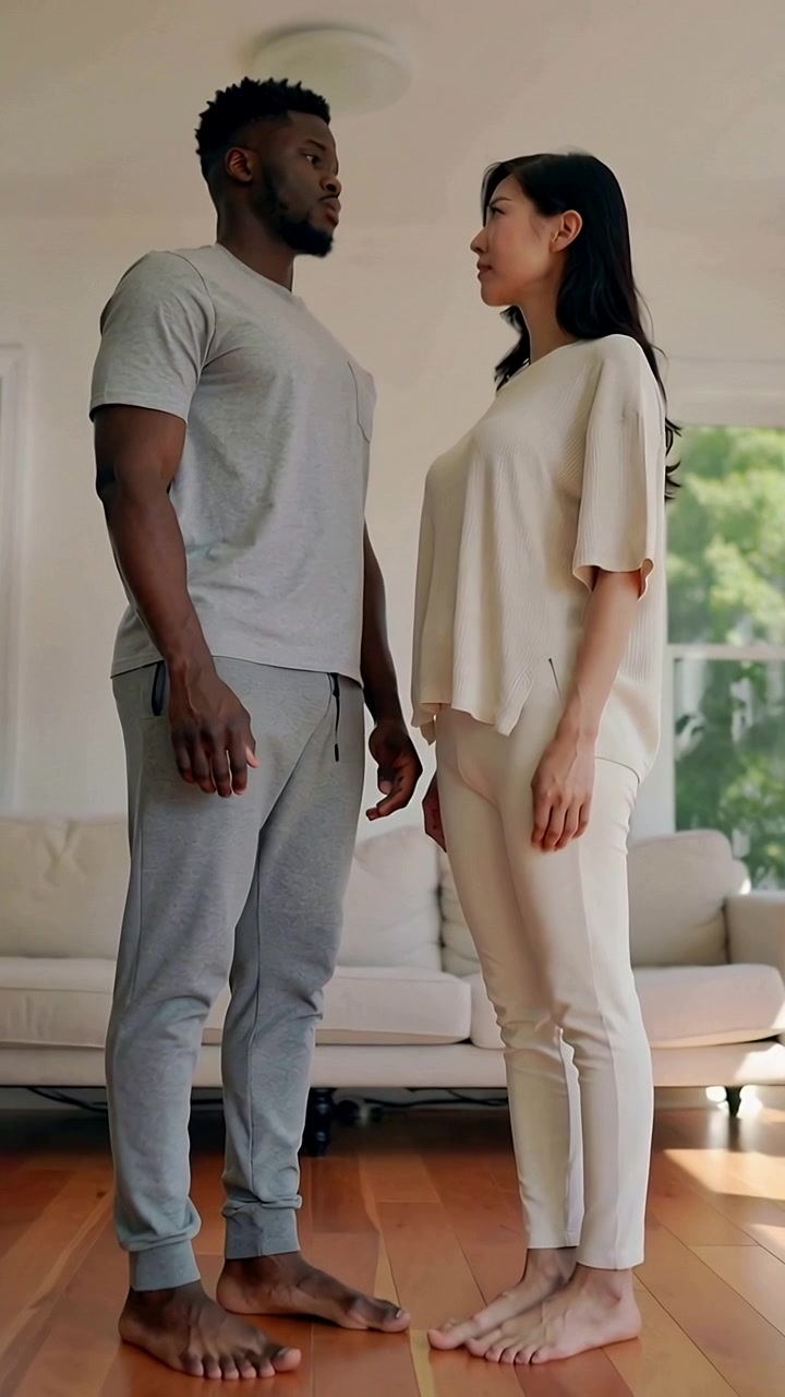 Vertical video: Standing barefoot duo, woman leaning closer on floor with sofa windows