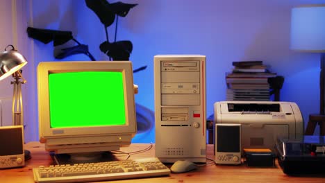Retro pc computer gaming, Desktop vintage with loading code console, programmer making scripts, green basic screen, Old computer studio close-up, retro wave display, late 90s PC.