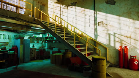 abandoned industrial workshop interior with sunlight