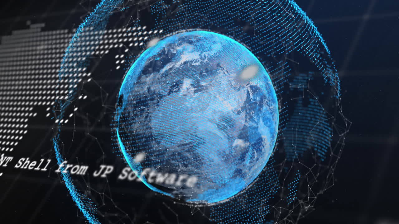 추상적인 배경에 대해 전 세계의 연결된 점 위에 지도와 컴퓨터 언어의 애니메이션