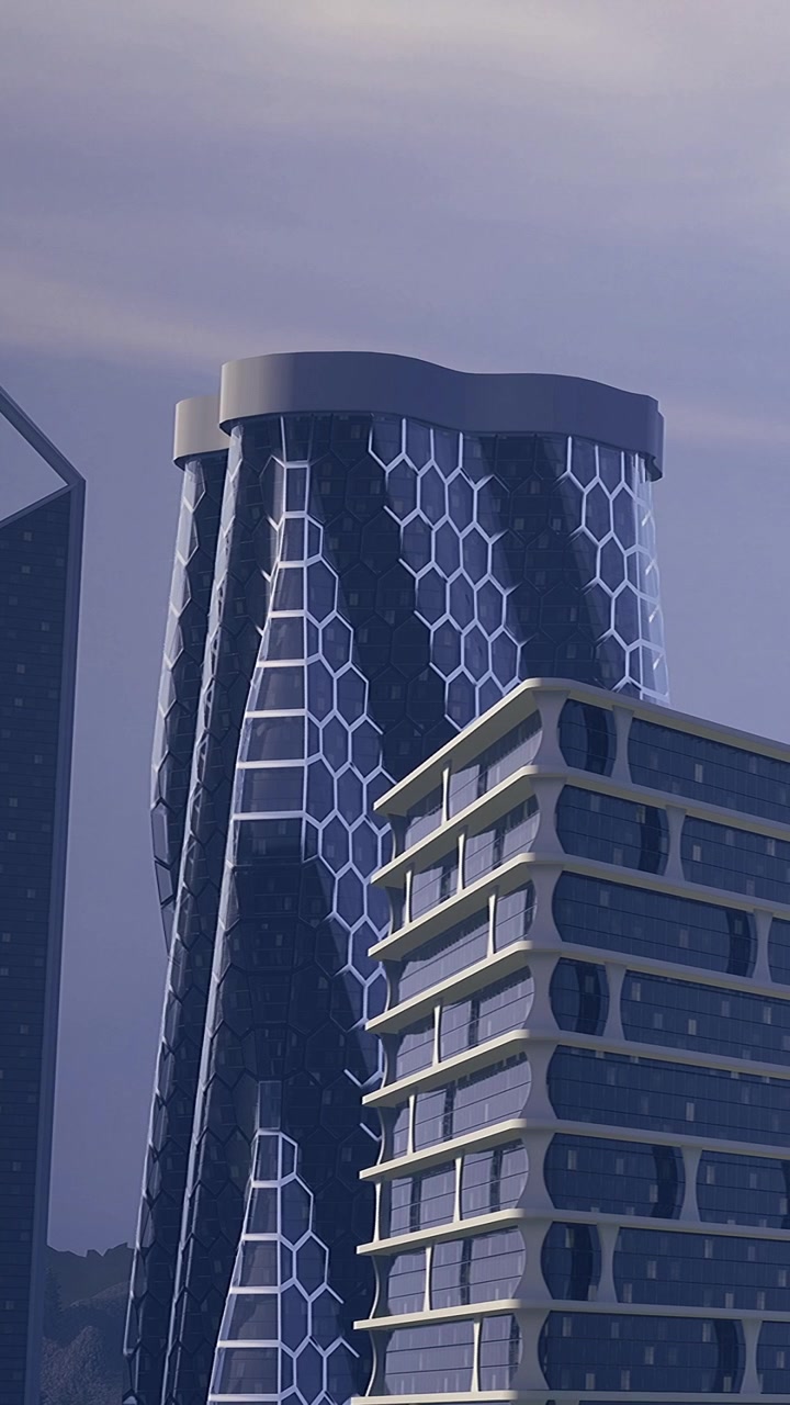 Edifici moderni in una città di sera che mostrano un design architettonico