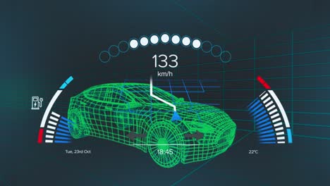 Animation-of-speedometer,-gps-and-charge-status-data-on-vehicle-interface,-over-3d-car-model