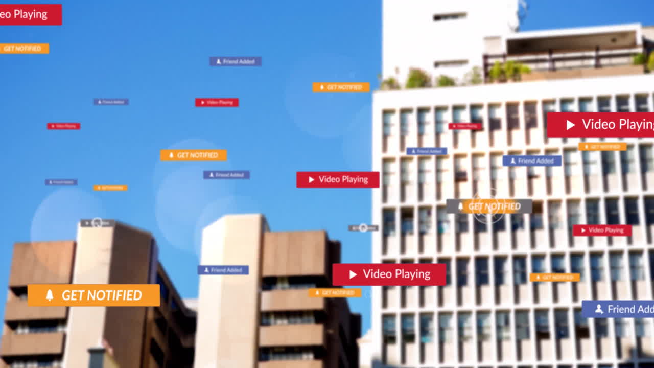 Animação de notificações de redes sociais sobre paisagem urbana com edifícios modernos