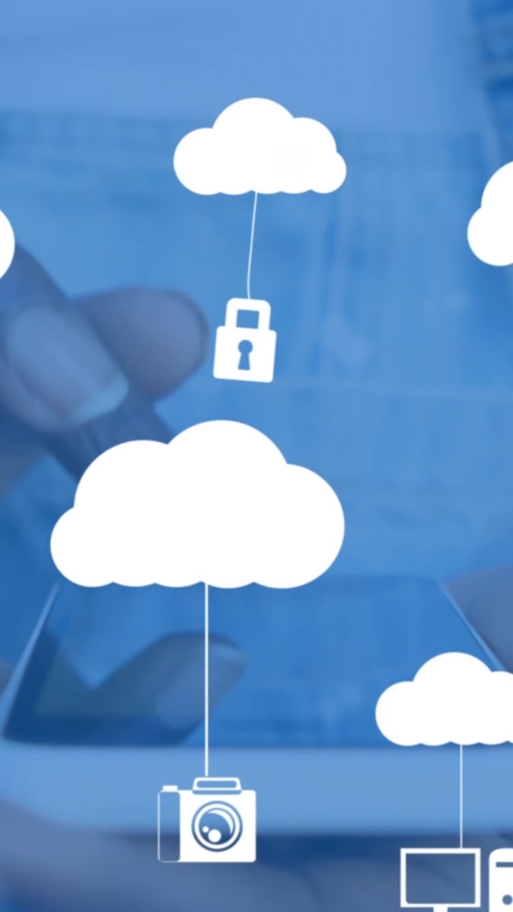 Animation of digital clouds with icons over woman using smartphone