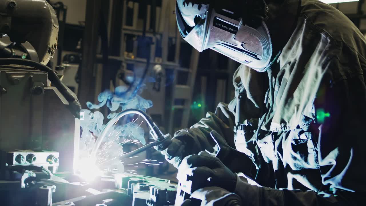 Dynamic video still of a welder at work, captured from a low angle. Sparks fly as the welder focuses