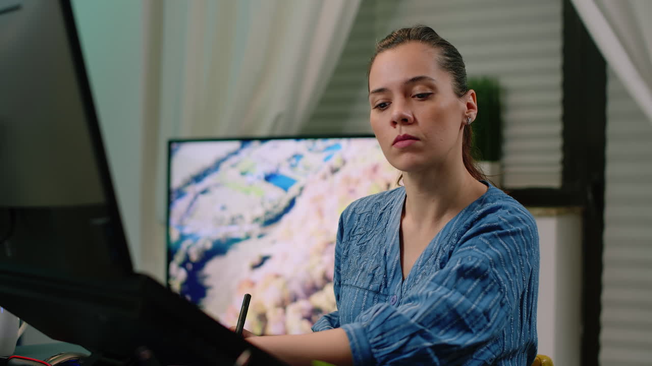 Woman working as editor with graphic tablet and stylus