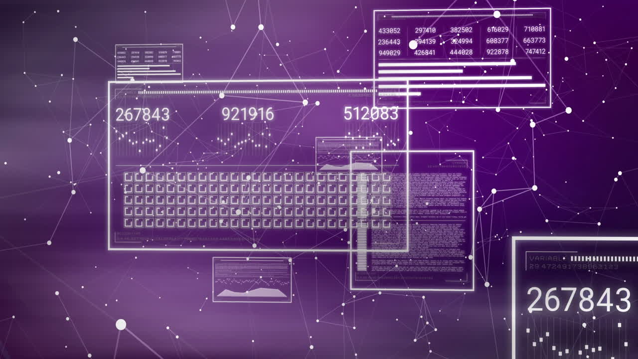 animación de procesamiento de datos digitales sobre conexiones de red abstractas en fondo púrpura