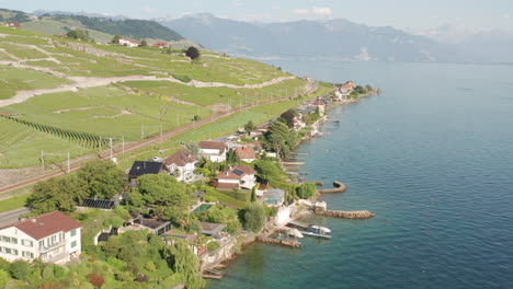 antena de casas en el lago en la hermosa campiña suiza