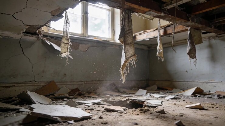 Columna de polvo arremolinada elevándose, desvaneciéndose tras un cambio de aire en una habitación en ruinas, con luz de ventana.