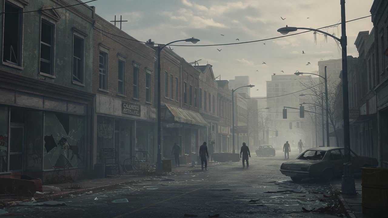 Abandoned Urban Landscape: A Haunting Glimpse of a Desolate City Streetscape with Shadows of Solitary Figures Roaming Through Dust and Silence