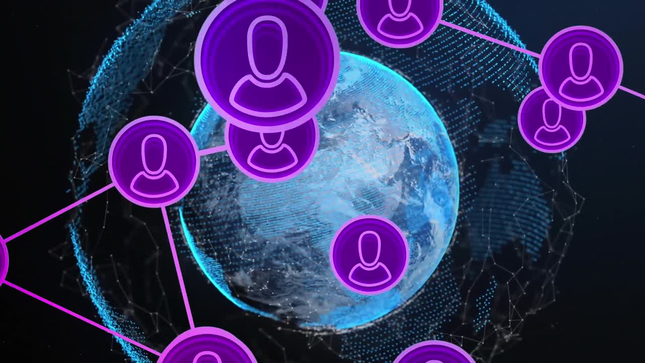 animación de la red de conexiones con iconos en todo el mundo sobre fondo negro