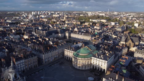 establishing aerial view above rennes old city centre main square cityscape skyline