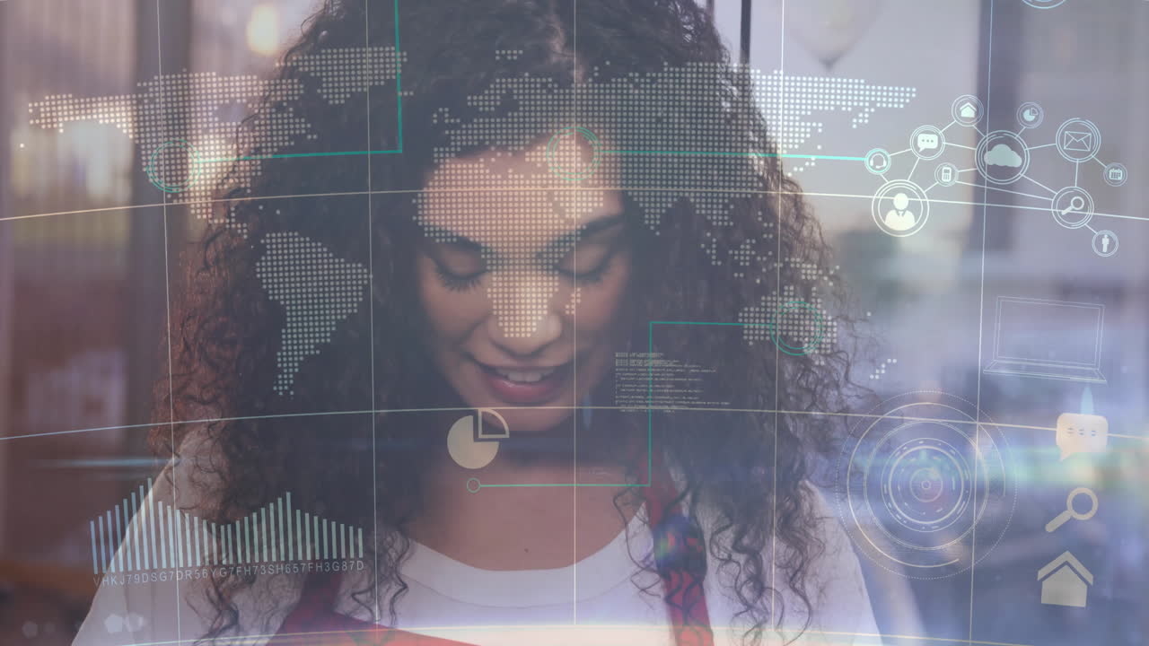 Woman smiling in business workspace, presenting UI overlays with map, graphs, code and cloud icons