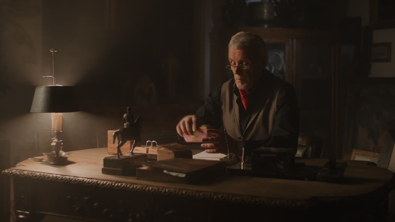 Old passionate man read a book in his office at night