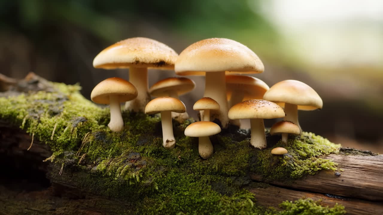 Golden Mushrooms On Mossy Log Macro. Cluster Of Small Goldenbrown Caps And Slender Pale Stems Rising