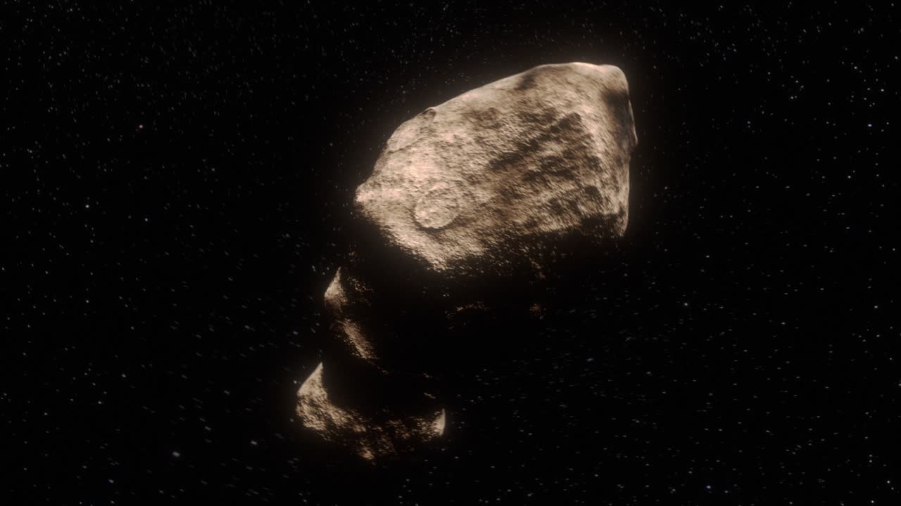 High quality 3D CGI and super-smooth orbiting simulation of the asteroid Toutatis plying its way through the star field of deep space with a slow lengthwise rotation