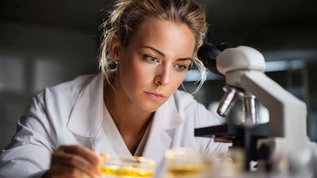 Intense Focus of a Young Female Scientist During Microscopic Examination in a Laboratory Setting, Analyzing Sample with Precision and Care in a Professional Scientific Environment