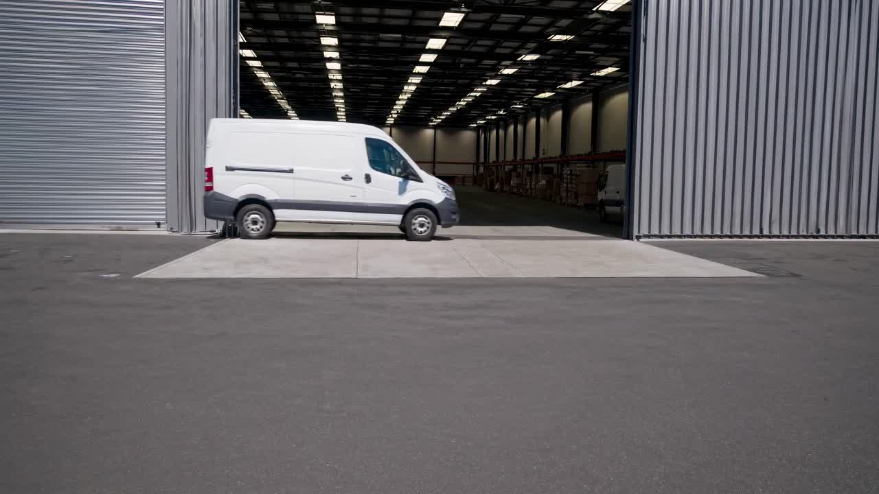 Wide-angle shot of a white van parked at a warehouse entrance, showcasing industrial logistics