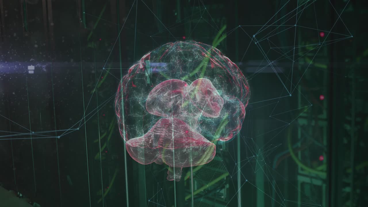 animación de la red de conexiones y cerebro sobre la sala de servidores