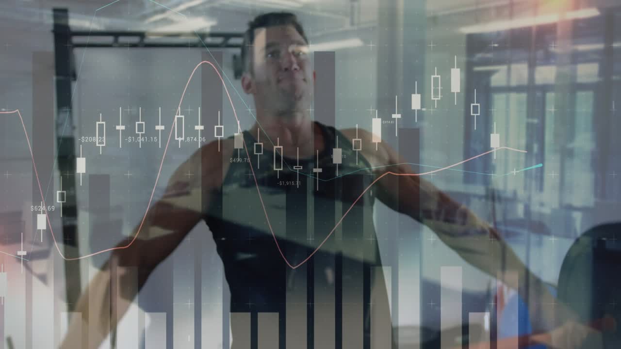 Man doing barbell lift, initiating pull from hip to overhead for power, finance charts over athlete