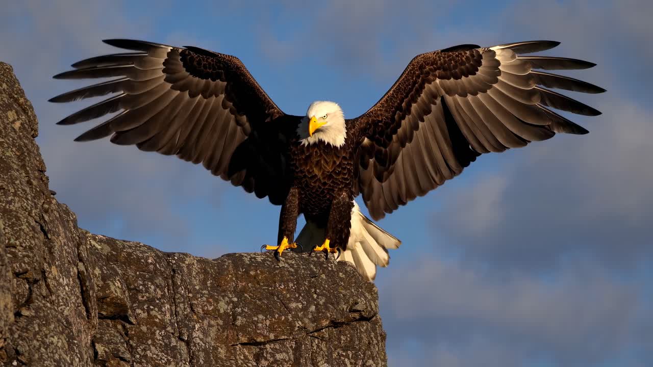 Aigle majestueux perché sur une falaise rocheuse, filmé en contre-plongée, soulignant sa domination.