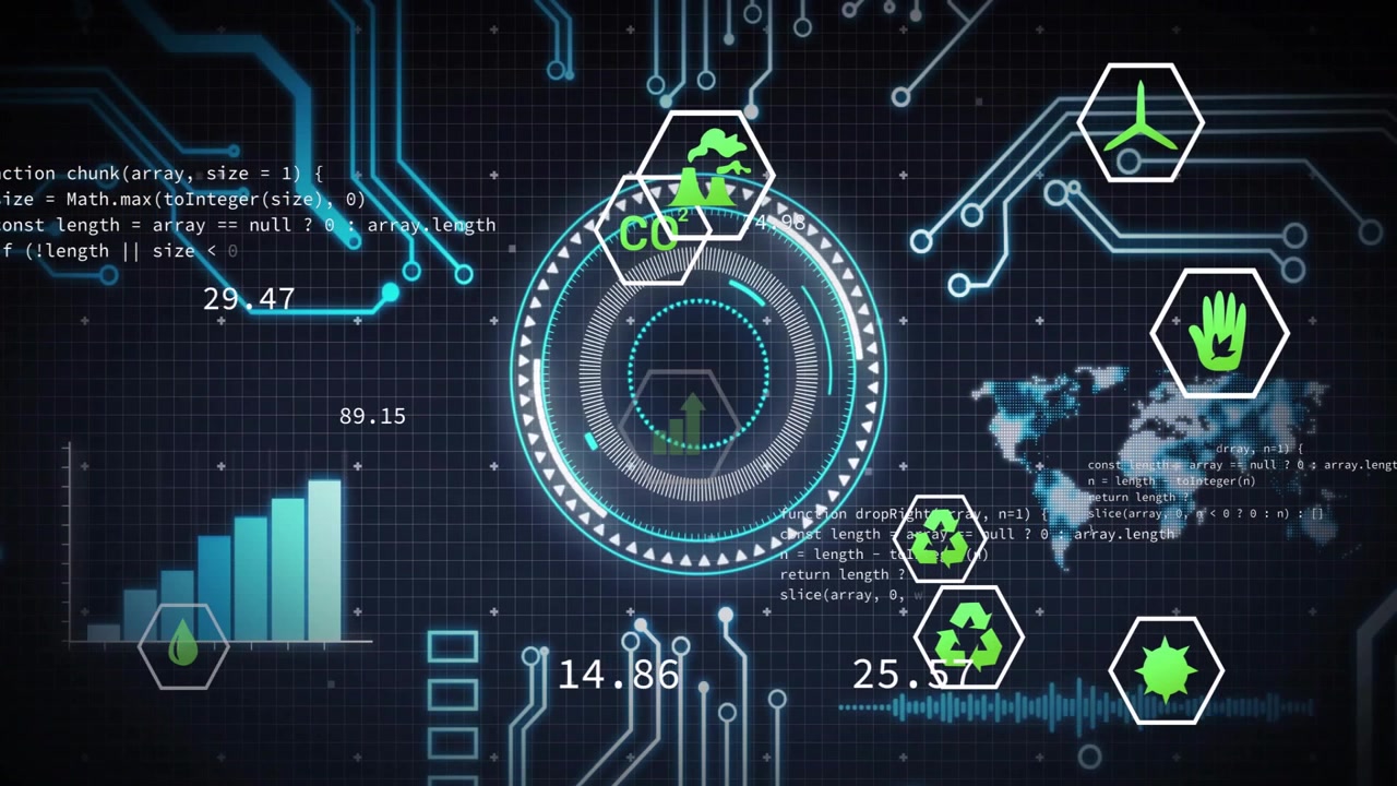Scrolling code appearing left launching circular ring rotating and hex icons updating dashboard