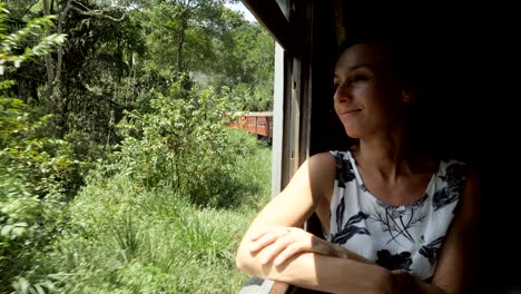 una mujer disfrutando de un hermoso paisaje desde un viaje en tren en sri lanka pasando por plantaciones de té y montañas.