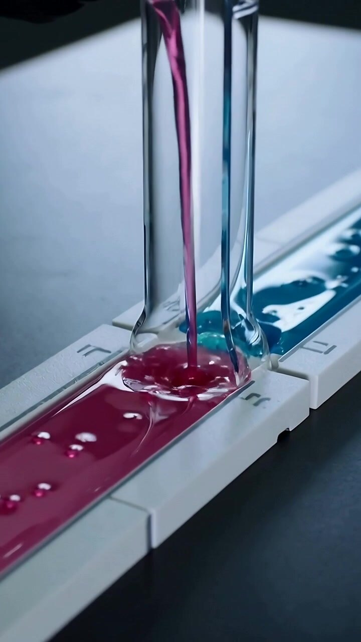 Vertical video: Starting nozzle pumping pink fluid down tube on lab slide by blue pool filling left